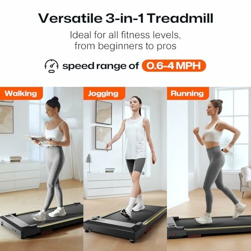 Versatile 3-in-1 treadmill showing walking, jogging, and running modes.