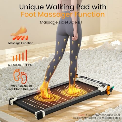 Walking pad with foot massager function illustrating massage features and speed settings.