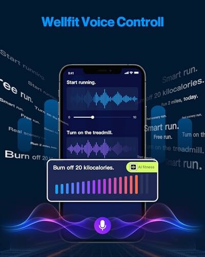 Wellfit voice control app interface with sound waves and fitness commands.