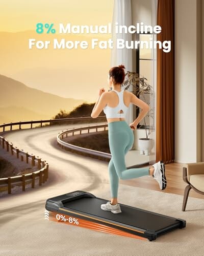 Woman running on incline treadmill with scenic background.