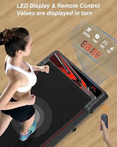 Woman running on treadmill with LED display and remote control.