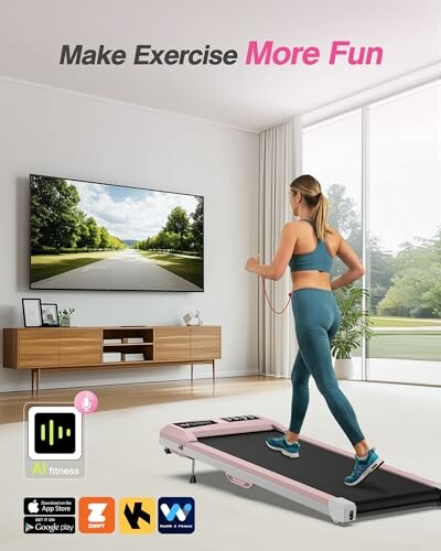 Woman exercising on a pink treadmill in a modern living room.