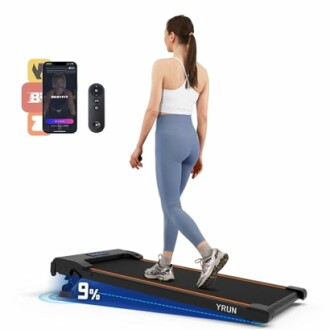 Woman walking on compact treadmill with phone and remote control displayed.